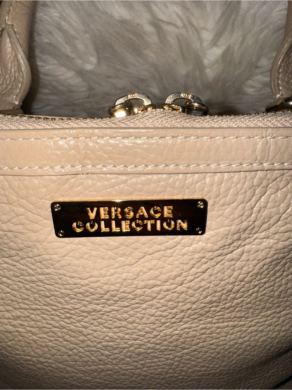 Versace Collection Taupe Pebbled Leather Satchel with Gold Hardware
